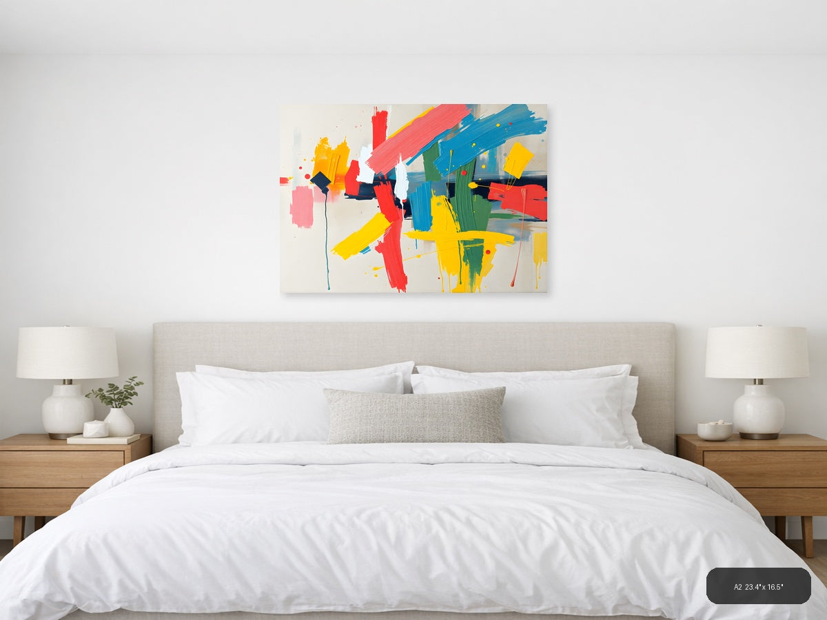 Colorful Abstract Brushstrokes & Geometric Shapes Wall Art — A2 / Bedroom