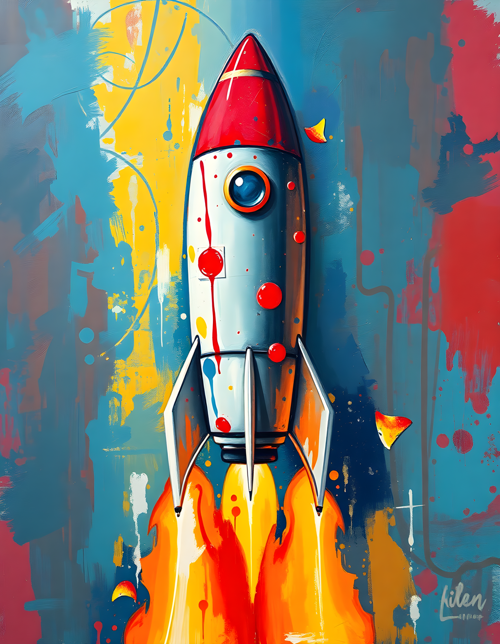Abstract Rocket Launch with Flame - Modern Canvas Wall Art