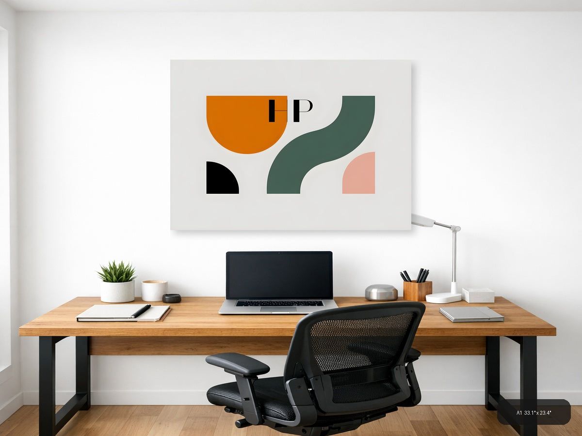 Minimalist Abstract Shapes in Orange, Teal & Pink Wall Art — A1 / Office