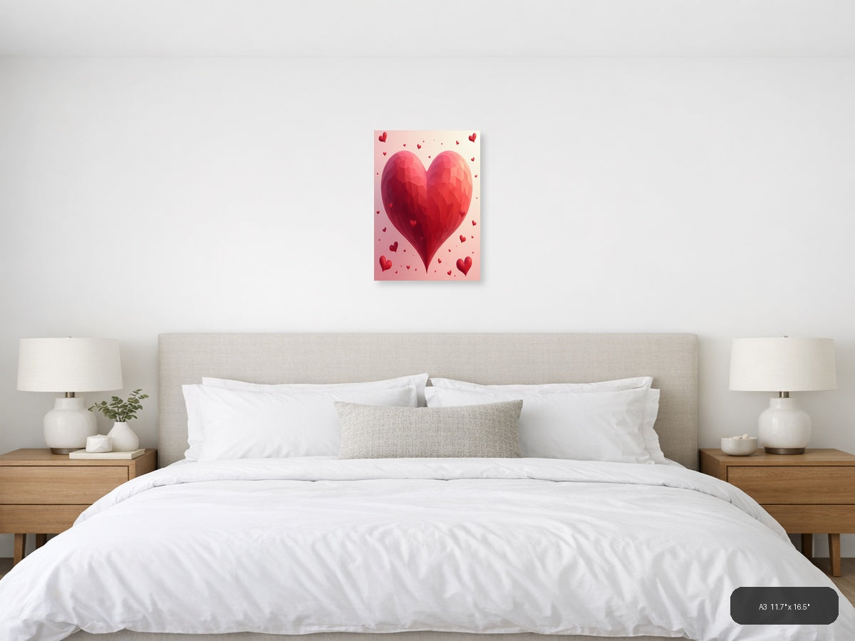 Large Red Polygonal Heart with Floating Hearts | Abstract Love Wall Art — A3 (Bedroom)