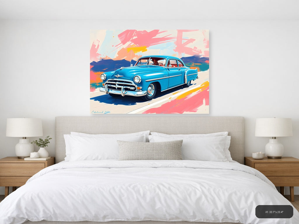 Blue Vintage Car Abstract Brushstrokes Wall Art — A1 / Bedroom