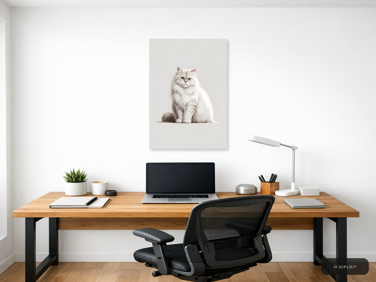 Fluffy White Cat Portrait Minimalist Wall Art — A1 / Office