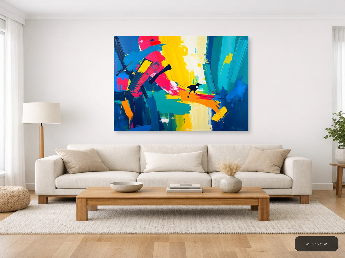 Colorful Abstract Bird on Rainbow Brushstrokes Wall Art — A1 / Living Room