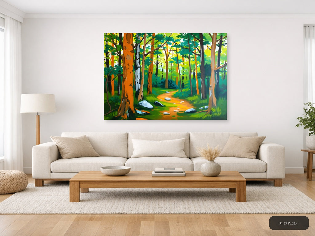 Forest Path Abstract - Vibrant Trees & Stones Wall Art — A1 / Living Room