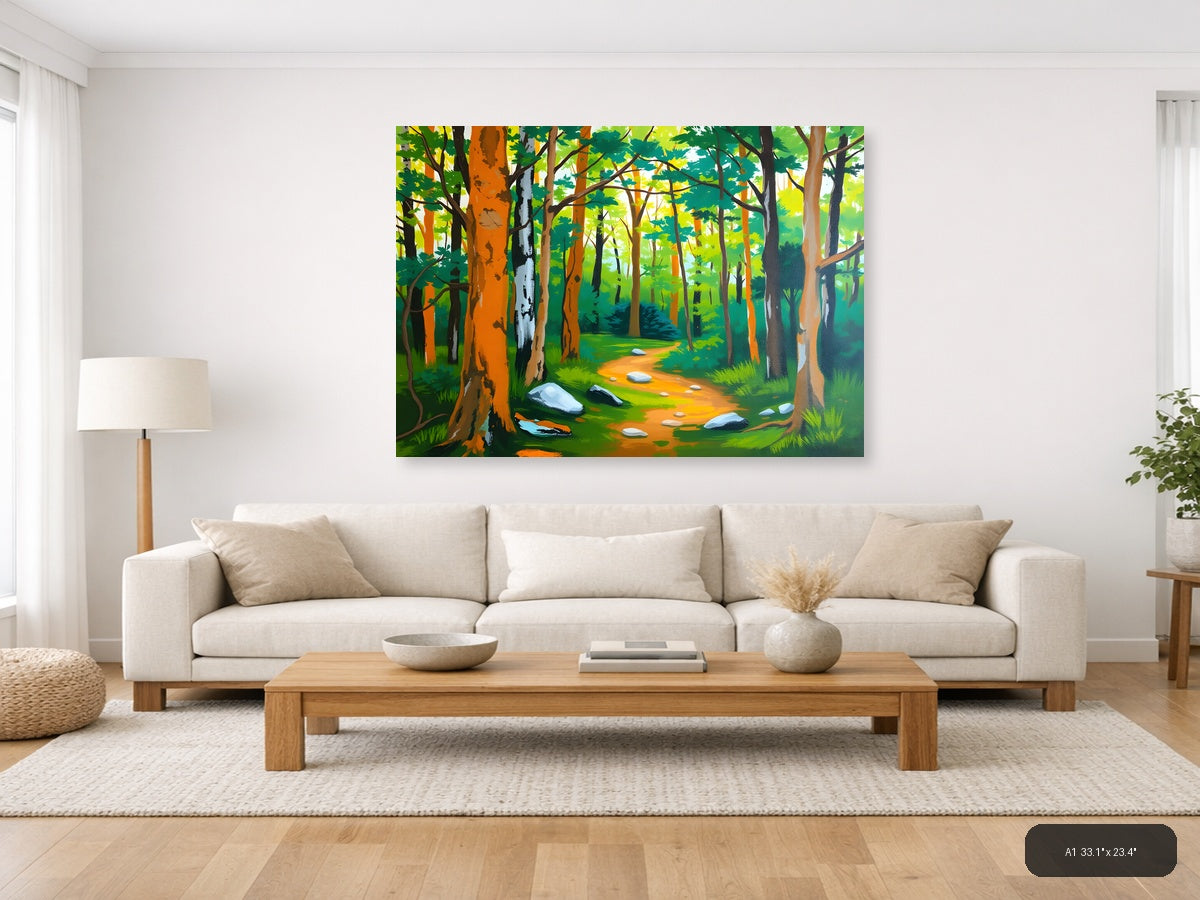 Forest Path Abstract - Vibrant Trees & Stones Wall Art — A1 / Living Room
