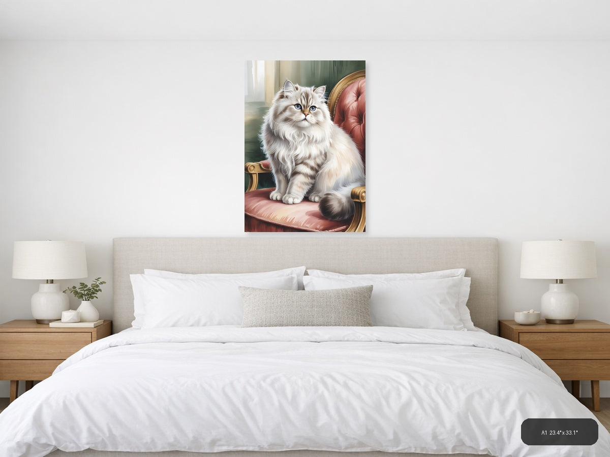 Fluffy White Cat on Pink Chair Watercolor Wall Art — A1 / Bedroom