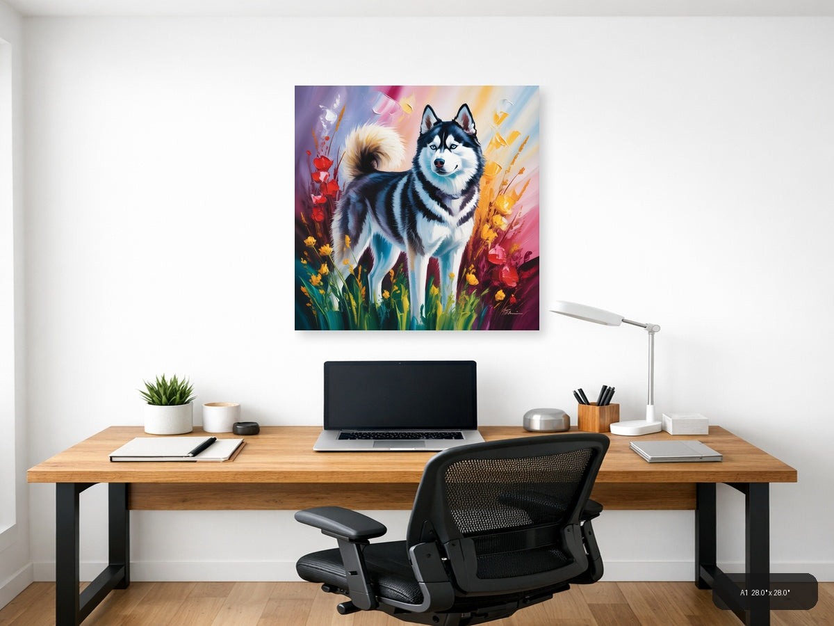 Husky Dog with Colorful Flowers Abstract Wall Art — A1 / Office