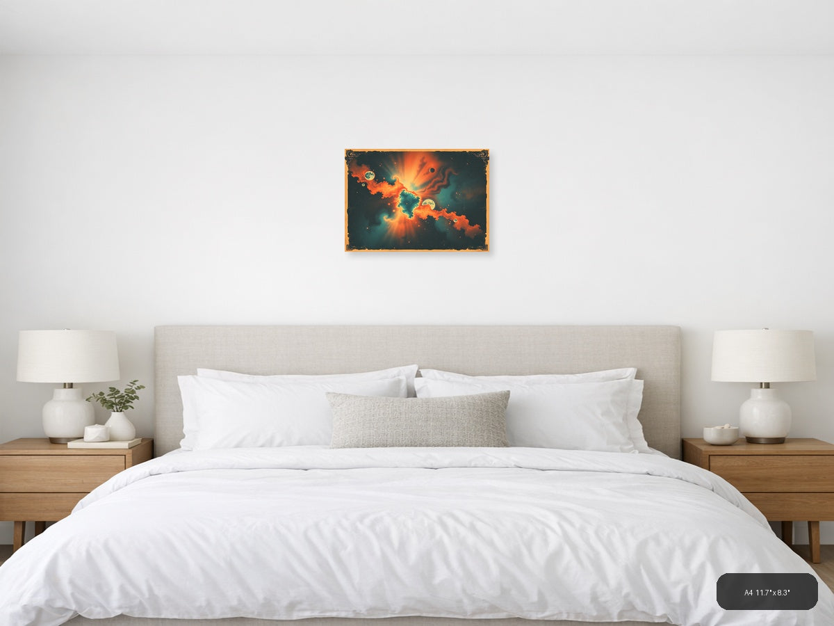 Vintage Cosmic Nebula with Planets - Orange Teal Wall Art — A4 / Bedroom