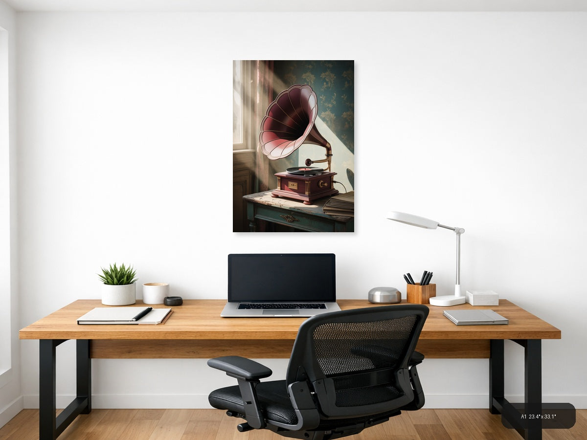 Vintage Gramophone with Floral Wallpaper Wall Art — A1 / Office