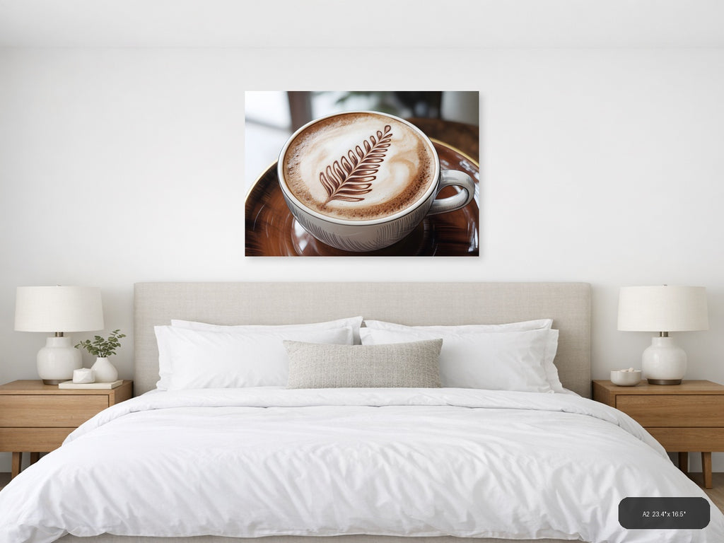 Latte Art Fern Leaf Line Art Coffee Wall Art — A2 / Bedroom