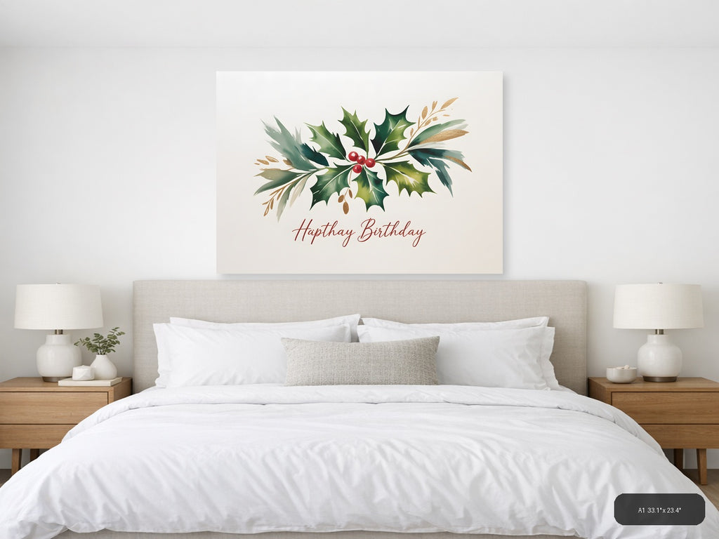 Hapthay Birthday Holly Watercolor Landscape Wall Art — A1 / Bedroom
