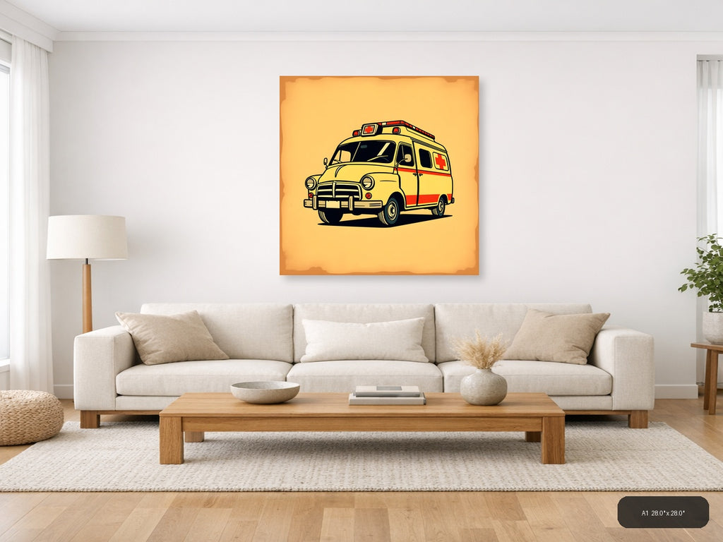 Vintage Yellow Ambulance Retro Wall Art — A1 / Living Room