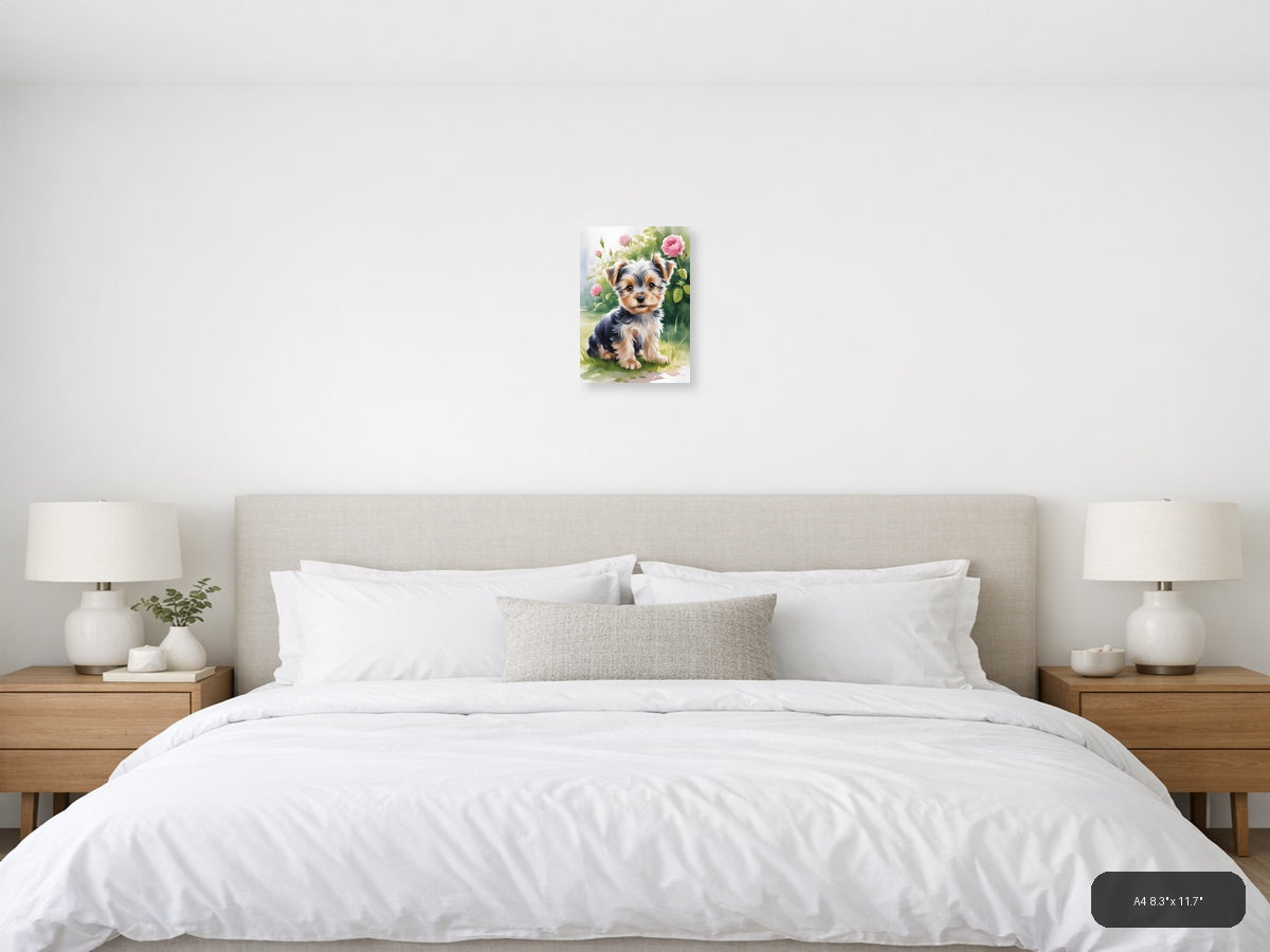 Adorable Puppy with Pink Roses Watercolor Wall Art — A4 / Bedroom