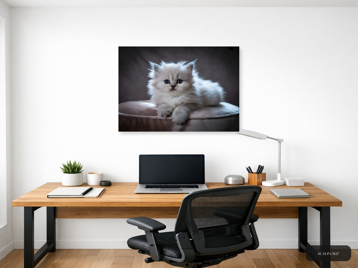 Fluffy White Kitten Portrait Photography Wall Art — A2 / Office