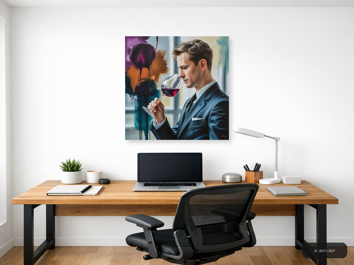 Abstract Wine Tasting Man in Blue Suit Wall Art — A1 / Office