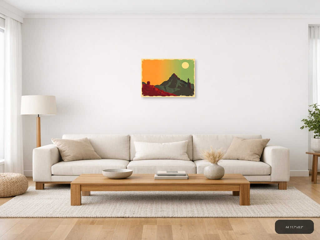 Vintage Mountain Landscape with Hikers - Retro Wall Art — A4 / Living Room
