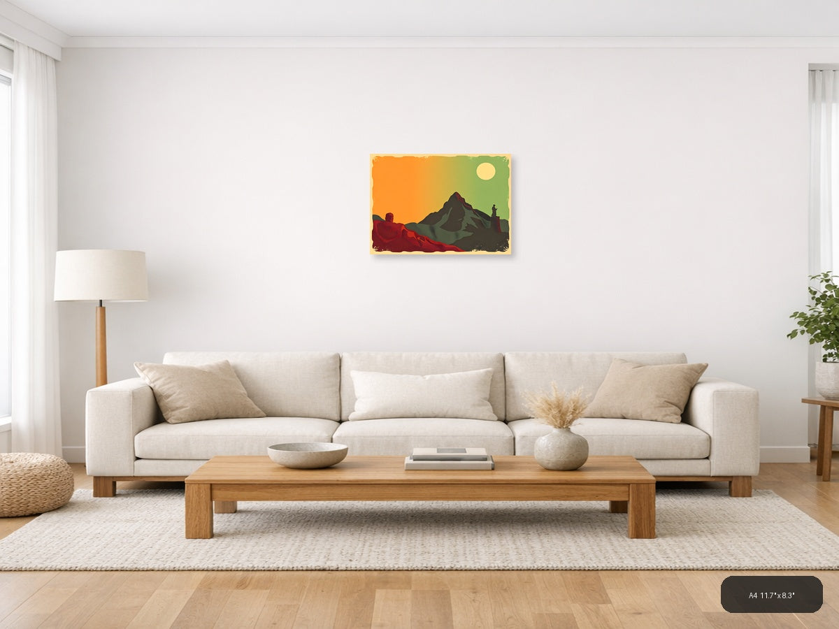 Vintage Mountain Landscape with Hikers - Retro Wall Art — A4 / Living Room
