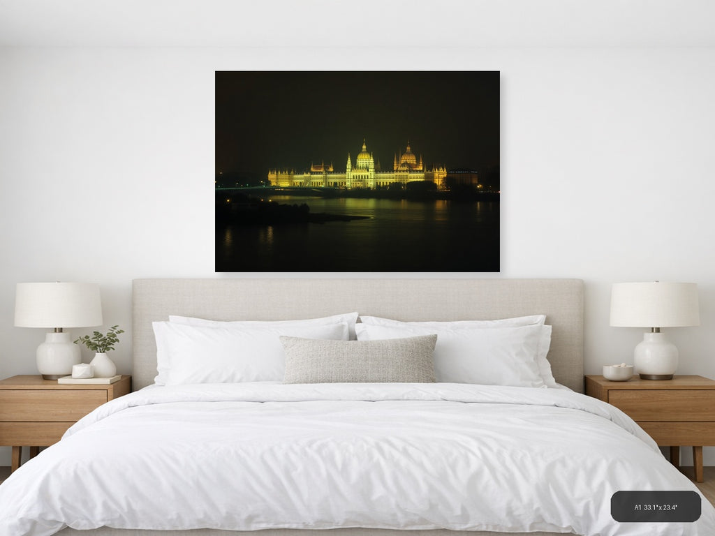 Golden Parliament Building Night Reflection | Minimalist Landscape Wall Art — A1 (Bedroom)