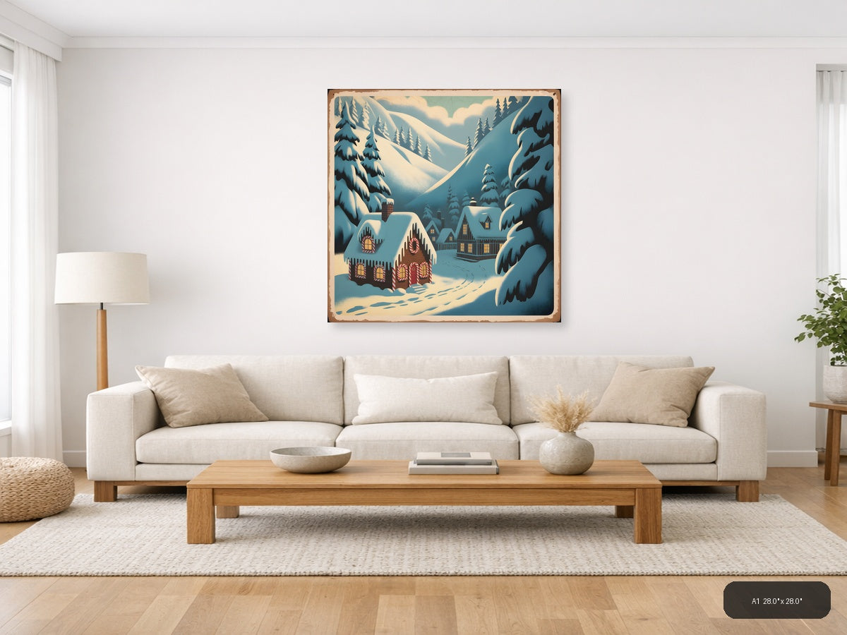 Vintage Gingerbread House Winter Mountain Scene Wall Art — A1 / Living Room