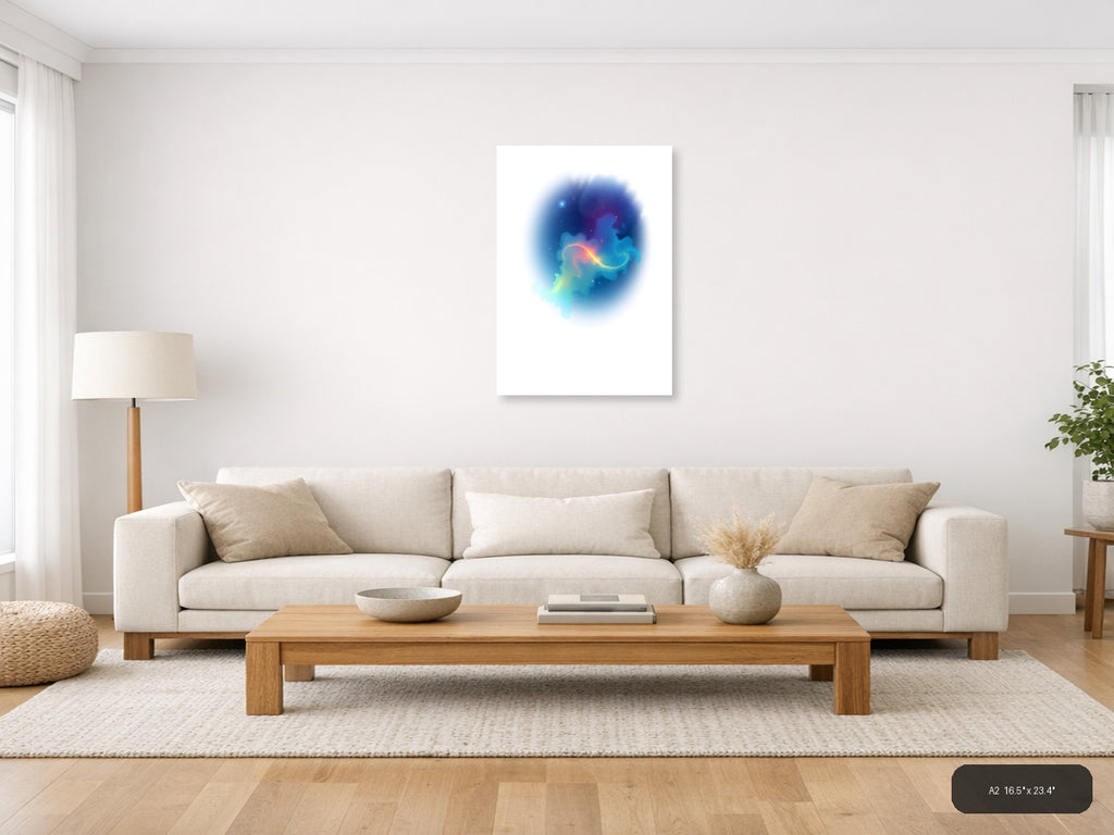Minimalist Cosmic Nebula Blue Orange Wall Art — A2 / Living Room