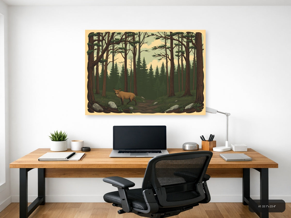 Vintage Forest Deer Landscape Wall Art — A1 / Office