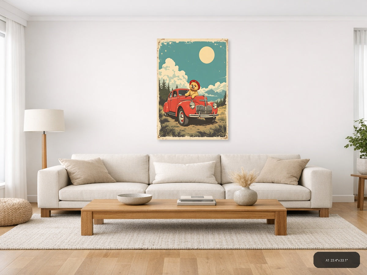 Vintage Teddy Bear in Red Truck Moonlight Wall Art — A1 / Living Room