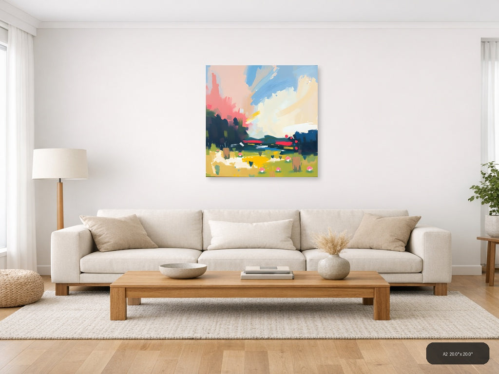 Abstract Landscape with Pink Sky & Green Fields Wall Art — A2 / Living Room