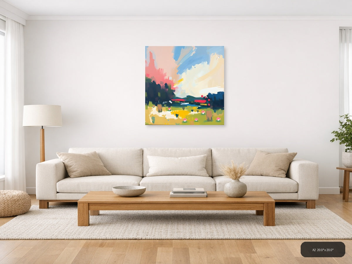 Abstract Landscape with Pink Sky & Green Fields Wall Art — A2 / Living Room