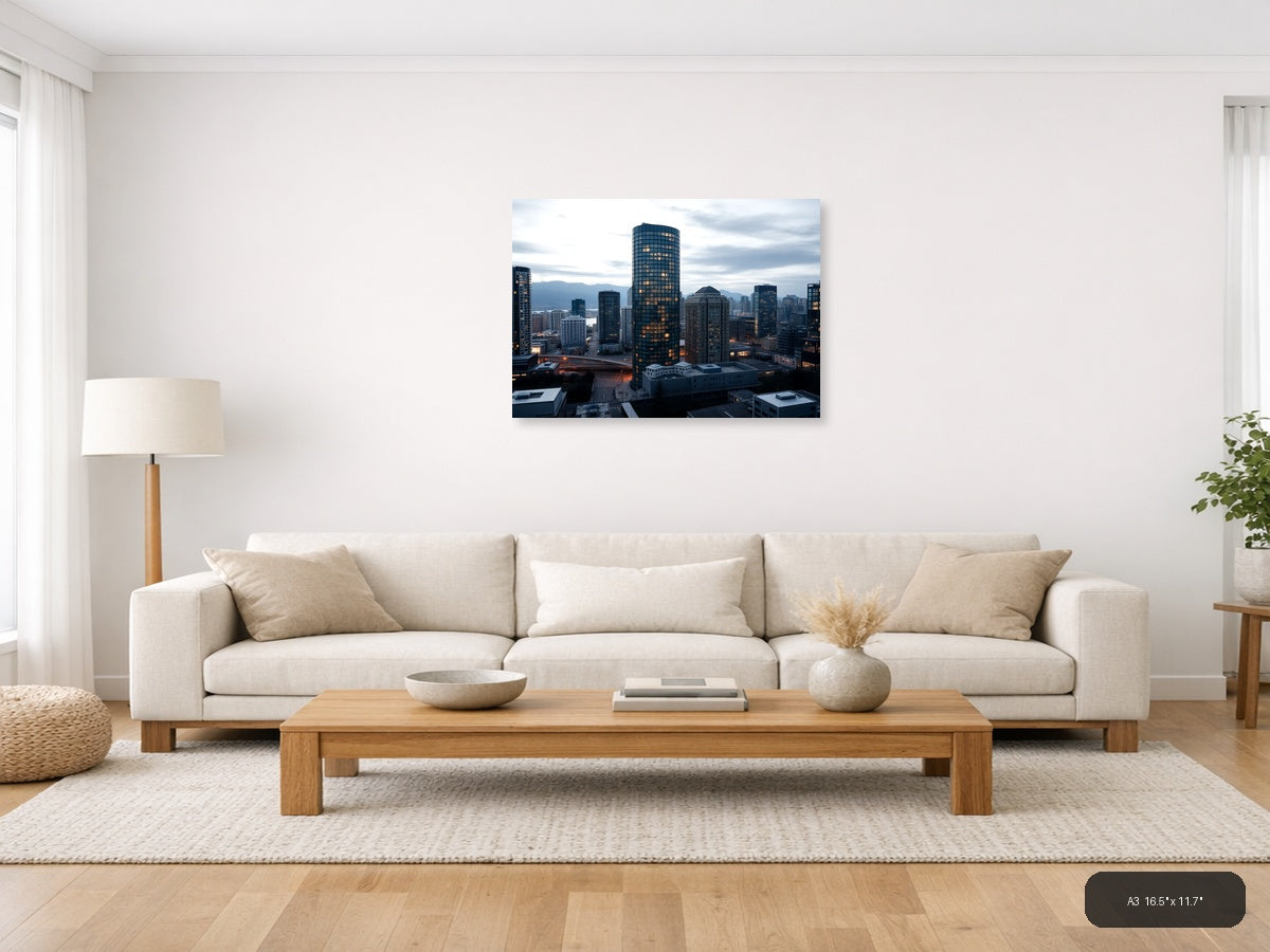Urban Skyline at Dusk with Glowing Windows | Modern City Wall Art — A3 (Living Room)