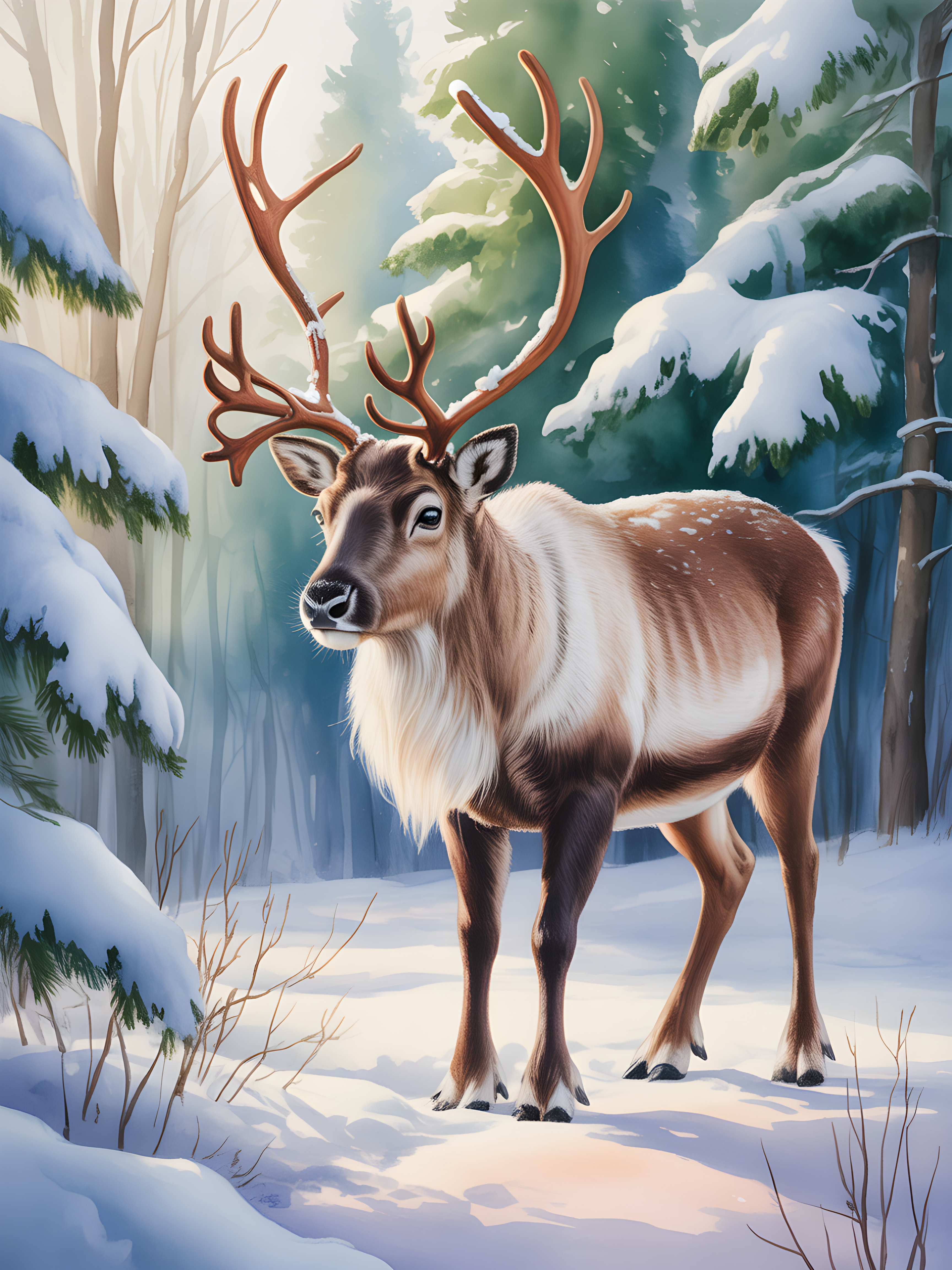 Winter Reindeer in Snowy Forest Watercolor Wall Art