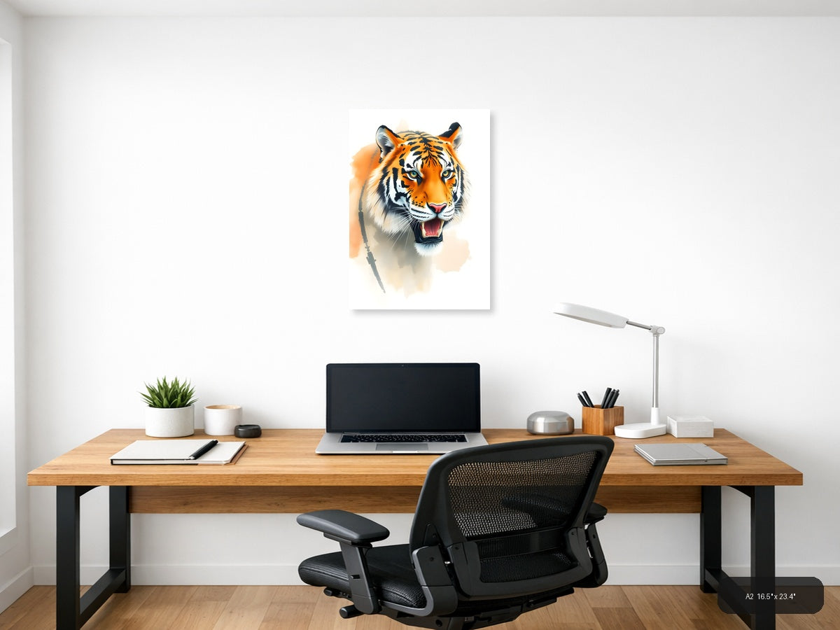 Orange Tiger Portrait Watercolor Wall Art — A2 / Office