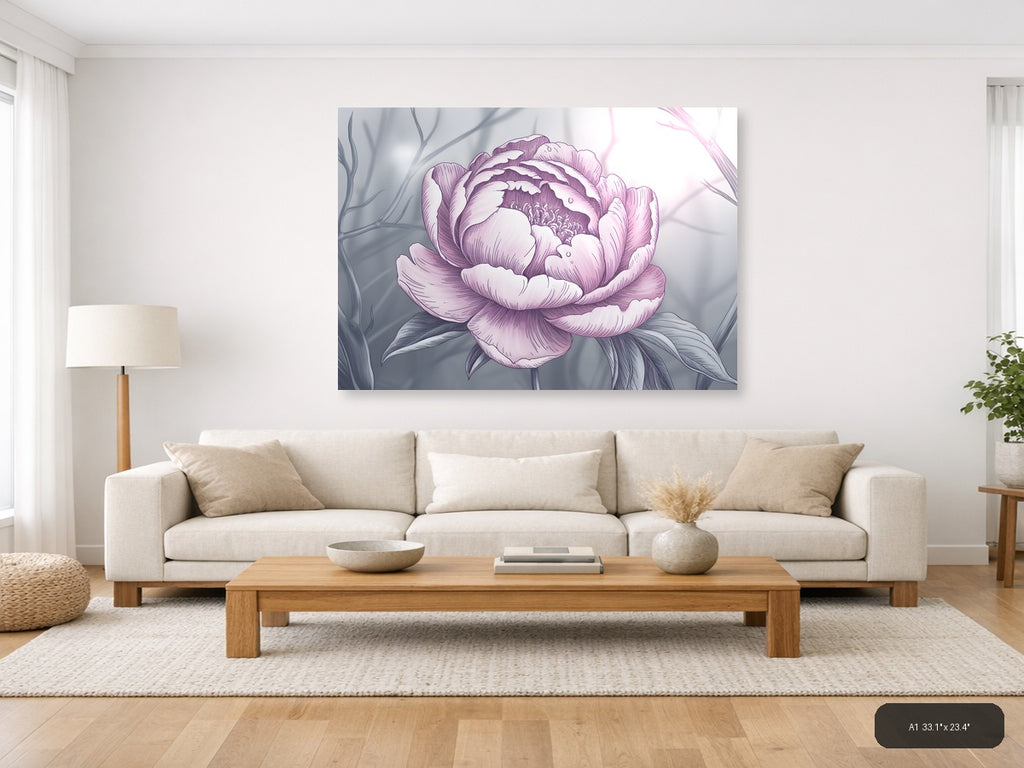 Pink Peony Line Art Illustration Wall Art — A1 / Living Room
