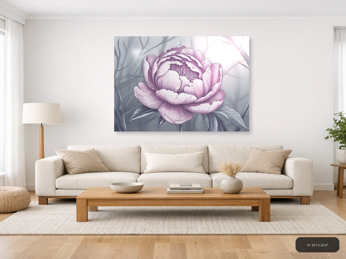 Pink Peony Line Art Illustration Wall Art — A1 / Living Room