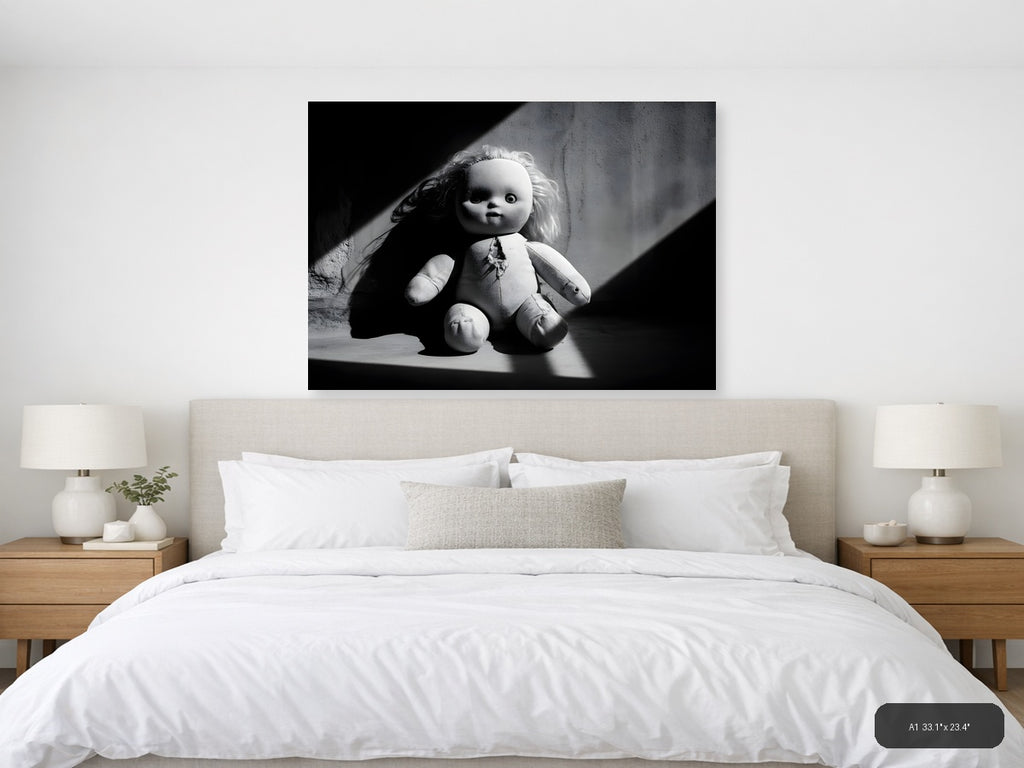 Haunting Doll Portrait Black and White Photography Wall Art — A1 / Bedroom