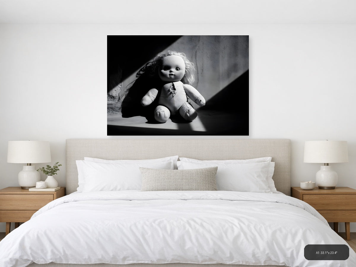 Haunting Doll Portrait Black and White Photography Wall Art — A1 / Bedroom