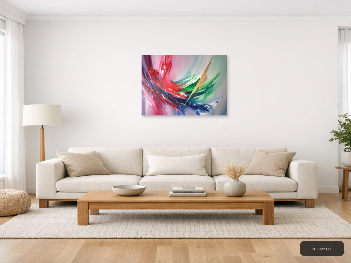 Abstract Fluid Motion Pink Red Green Blue Wall Art — A3 / Living Room