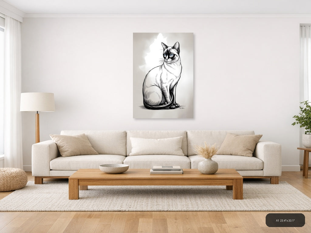 Sitting Cat with Blue Eyes Line Art Wall Art — A1 / Living Room
