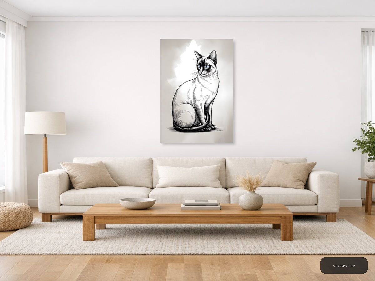 Sitting Cat with Blue Eyes Line Art Wall Art — A1 / Living Room