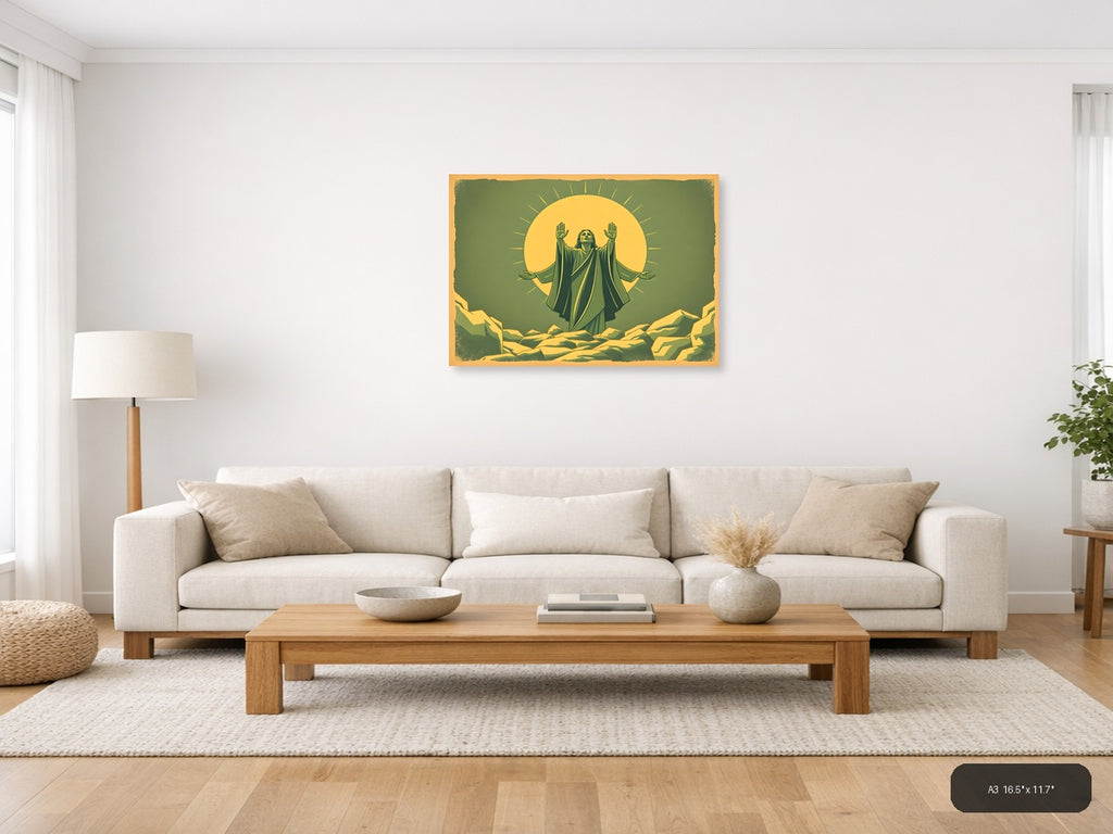 Vintage Spiritual Figure with Radiating Sun Halo Wall Art — A3 / Living Room