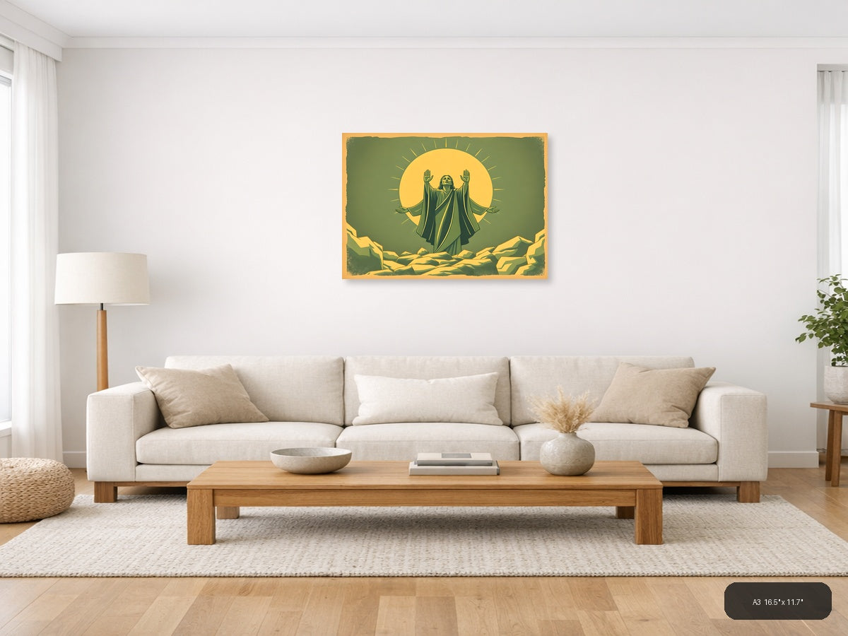 Vintage Spiritual Figure with Radiating Sun Halo Wall Art — A3 / Living Room