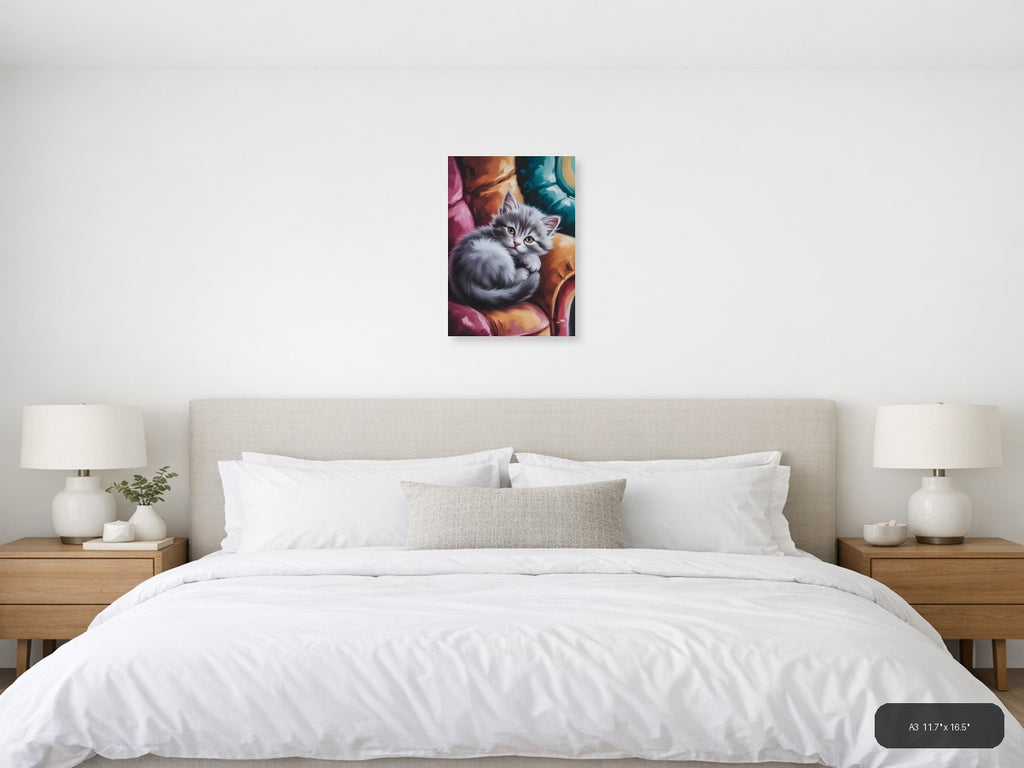 Fluffy White Kitten Abstract Colorful Wall Art — A3 / Bedroom