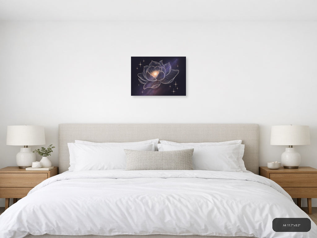 Glowing Lotus Flower Line Art With Stars Wall Art — A4 / Bedroom