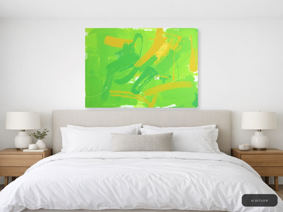 Vibrant Green & Yellow Abstract Brush Strokes Wall Art — A1 / Bedroom