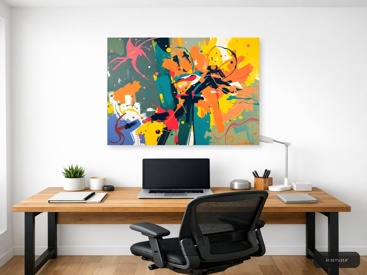 Vibrant Abstract Bird & Botanical Splash Wall Art — A1 / Office