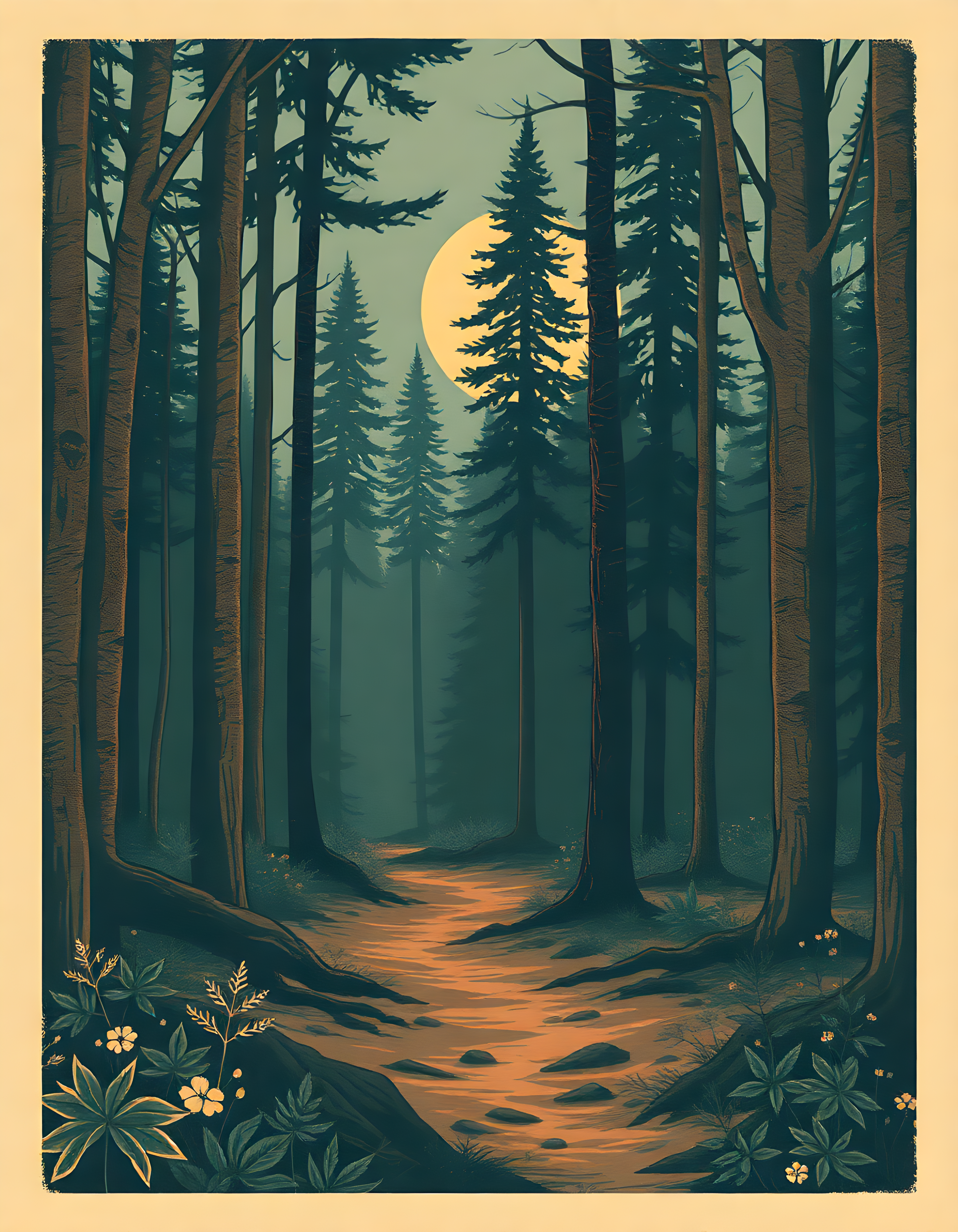 Vintage Forest Moon Path Illustration Wall Art
