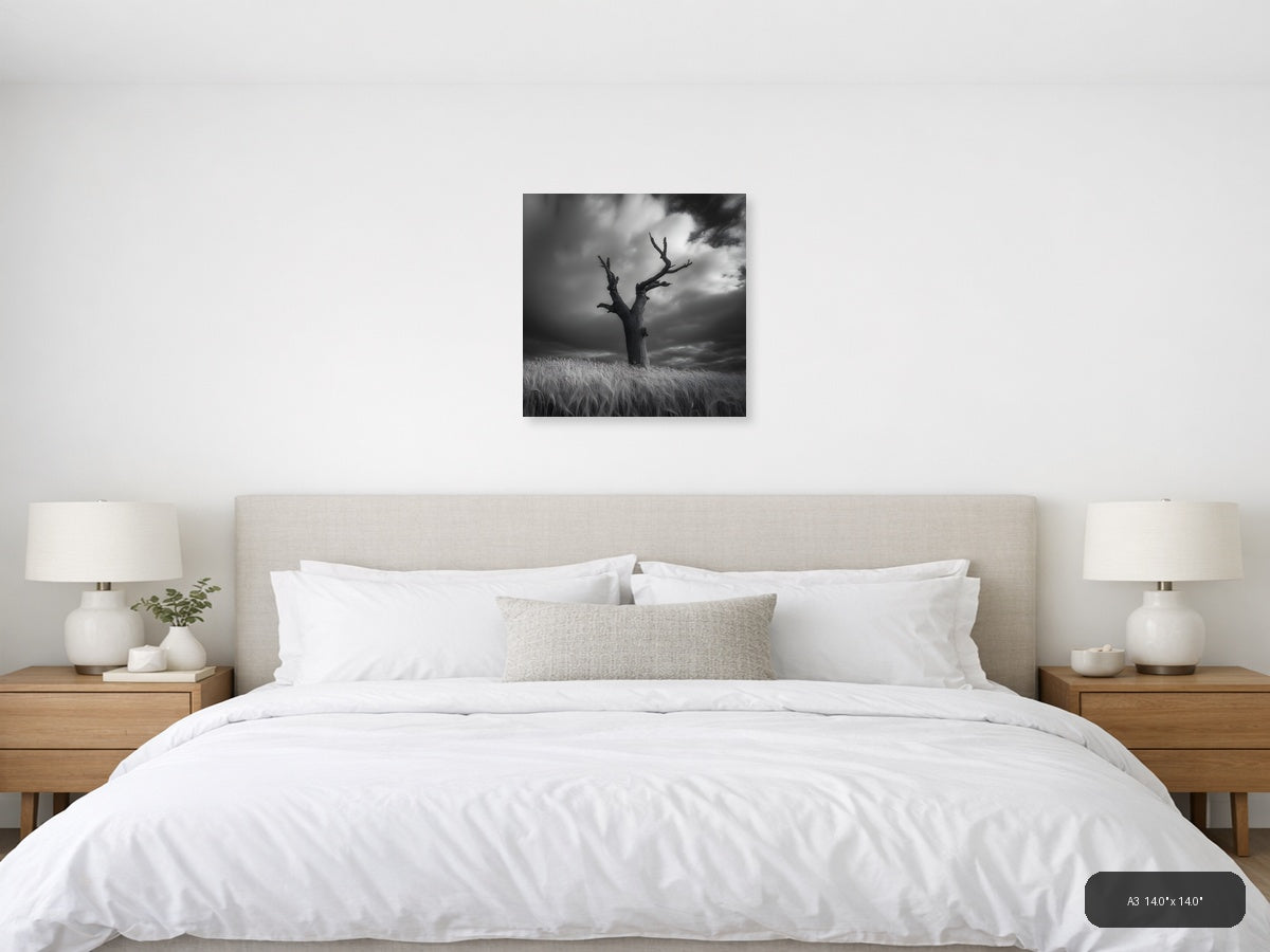 Dead Tree in Wheat Field Black and White Photography Wall Art — A3 / Bedroom