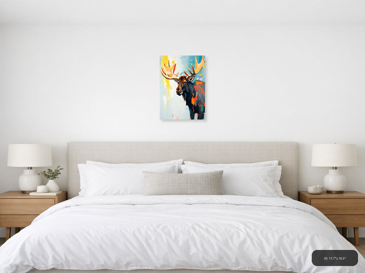 Abstract Moose Head Portrait Colorful Modern Wall Art — A3 / Bedroom