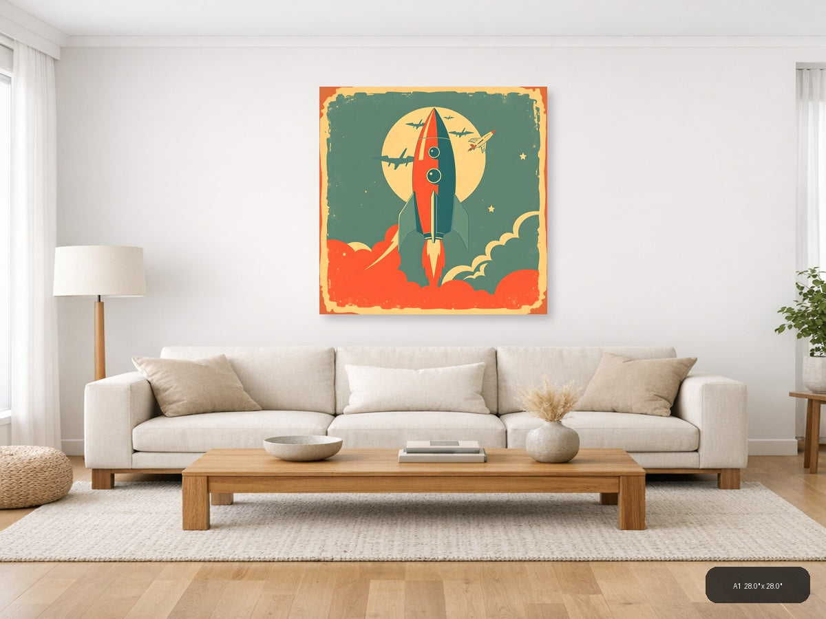 Vintage Rocket Launch Retro Space Wall Art — A1 / Living Room