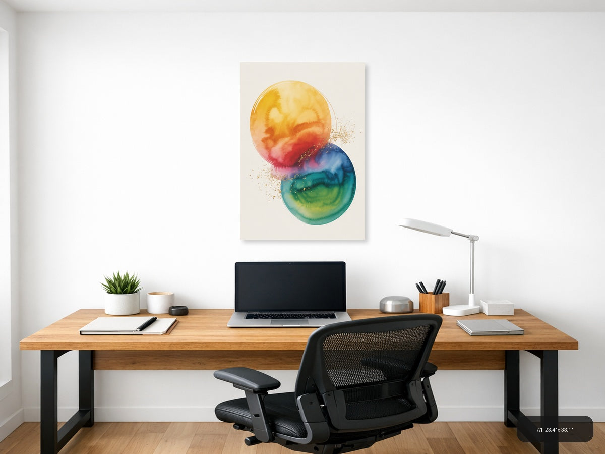 Watercolor Gradient Circles with Gold Splatter Wall Art — A1 / Office