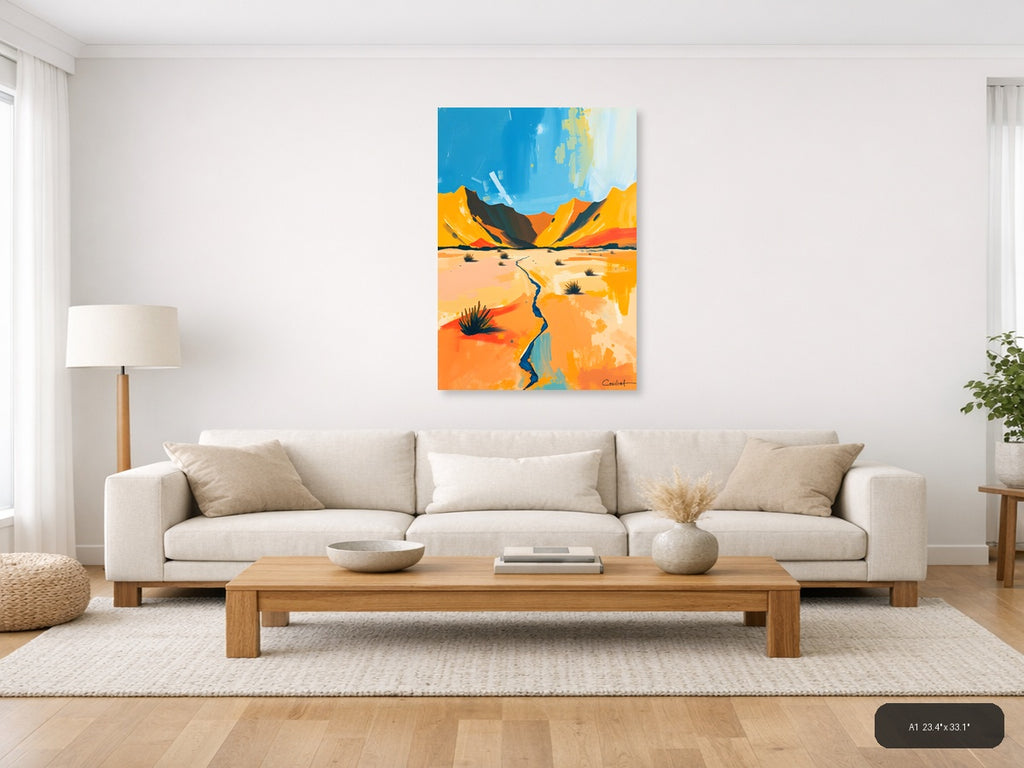 Desert Landscape with Blue Stream Abstract Wall Art — A1 / Living Room